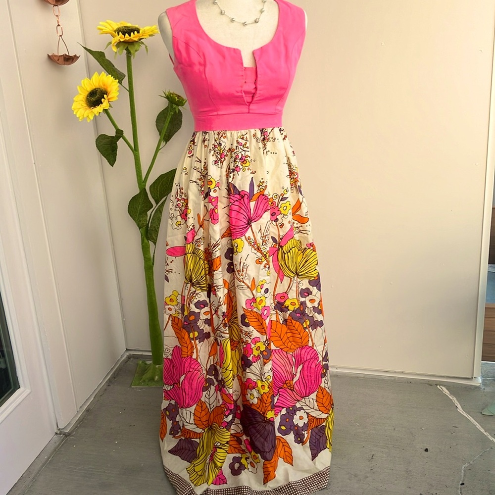 Vintage 60s Fun Bold Colorful Psychedelic Pink, Yellow, Orange Floral Maxi Dress